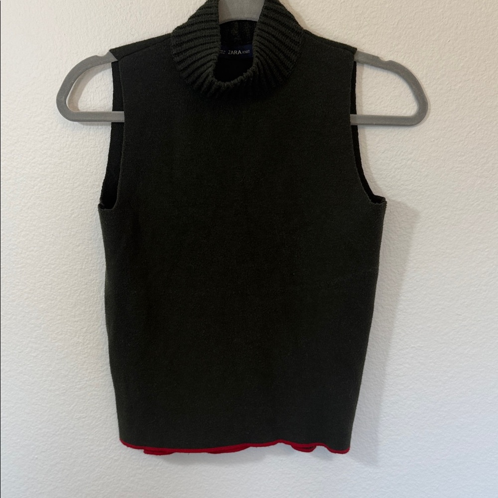 ZARA Olive Sleeveless Turtleneck Knit Sweater Top with Red Hem Accent